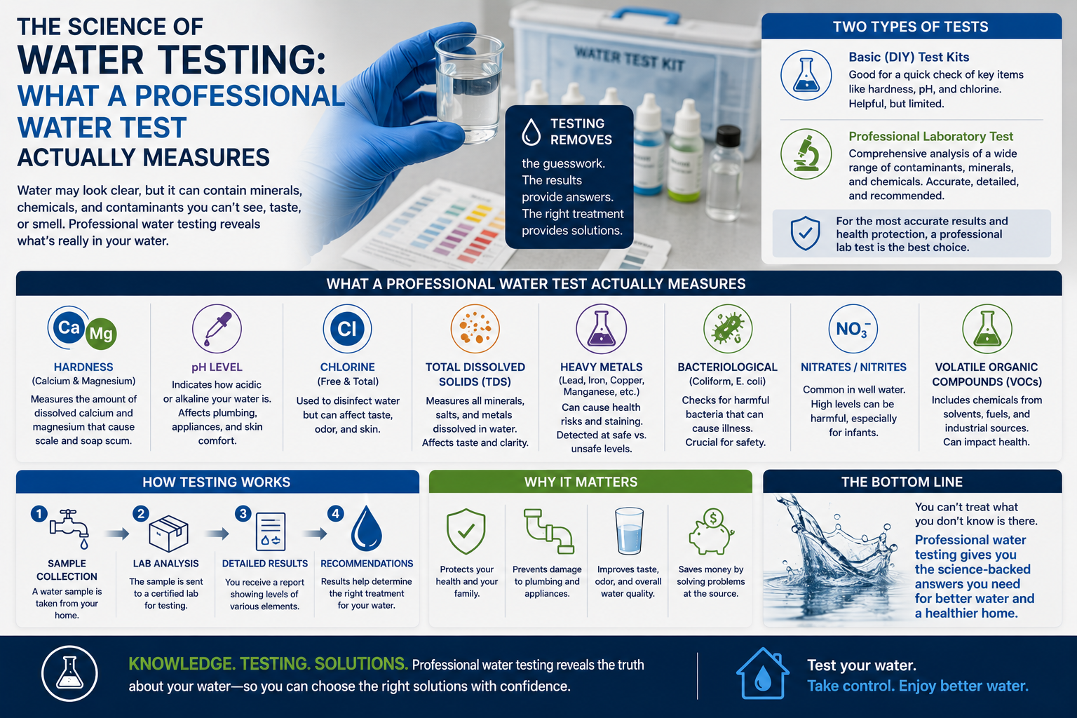 A professional water test measures hardness, iron, pH, bacteria, and more. Learn what each parameter means and why testing before treatment is essential in Florida.