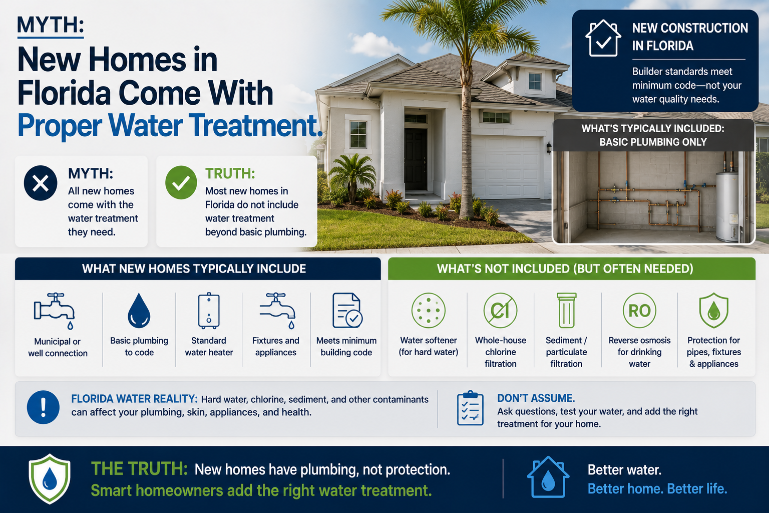 Florida builders aren't required to install water treatment. Learn why new homes still have hard water problems and what to do about it at move-in.