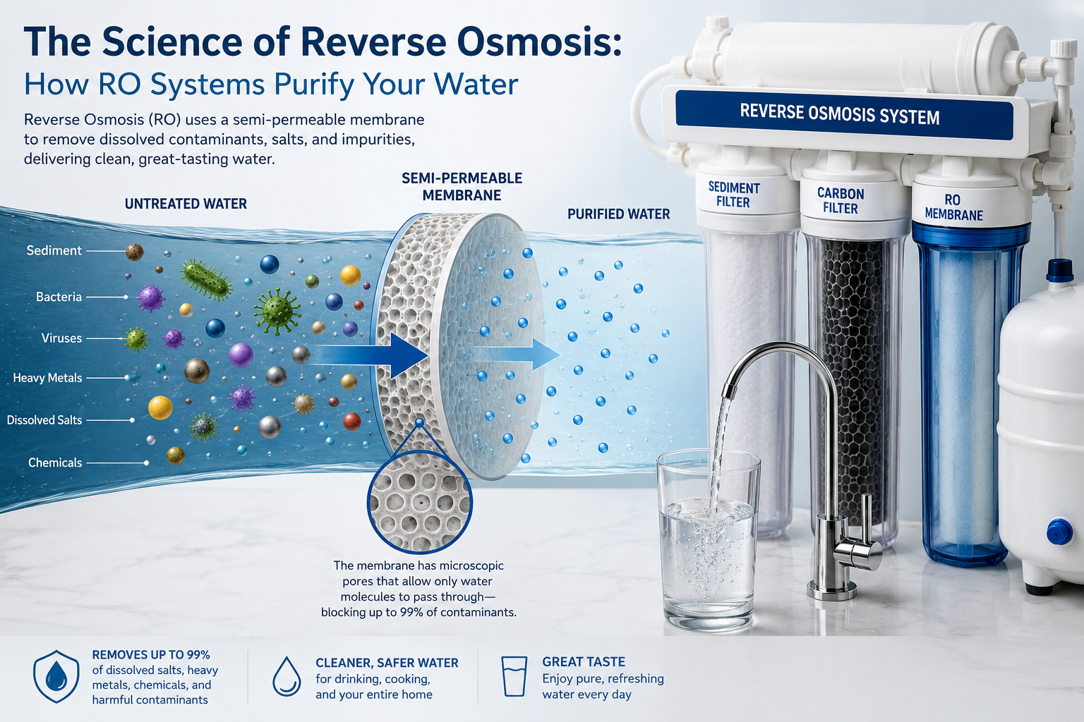 Reverse osmosis forces water through a membrane that blocks contaminants. Learn how RO works, what it removes, and why Florida homes benefit from it.