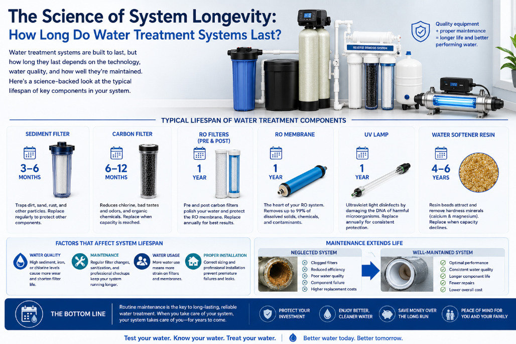 Water softeners last 15-20 years, RO membranes 2-5 years, UV lamps need annual replacement. Learn what drives water treatment system lifespan in Florida.