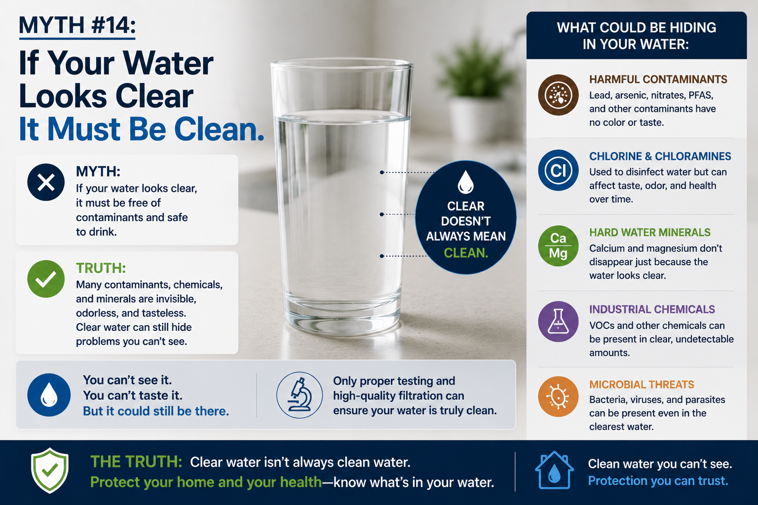 Clear water can still contain hardness, bacteria, nitrates, and heavy metals. Learn why visual clarity doesn't mean clean water and why testing matters.
