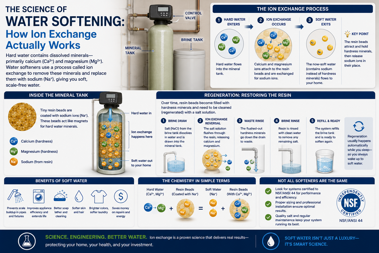Ion exchange is how water softeners remove hardness — calcium trades places with sodium on resin beads. Learn the science behind water softening and why it needs salt.