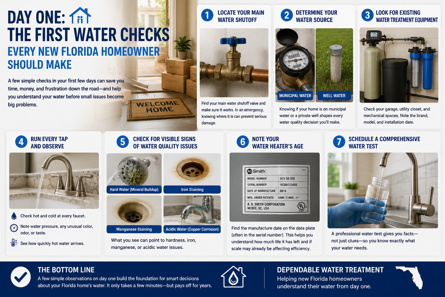 New to your Florida home? Learn the simple water checks to make in your first few days — from shutoff valves to existing treatment equipment