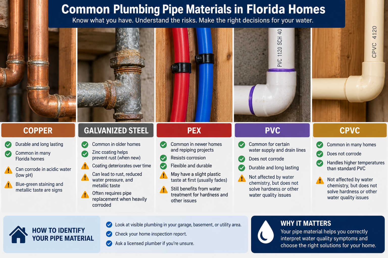 Learn what copper, galvanized steel, PEX, and PVC pipes reveal about water quality risks in your new Florida home.