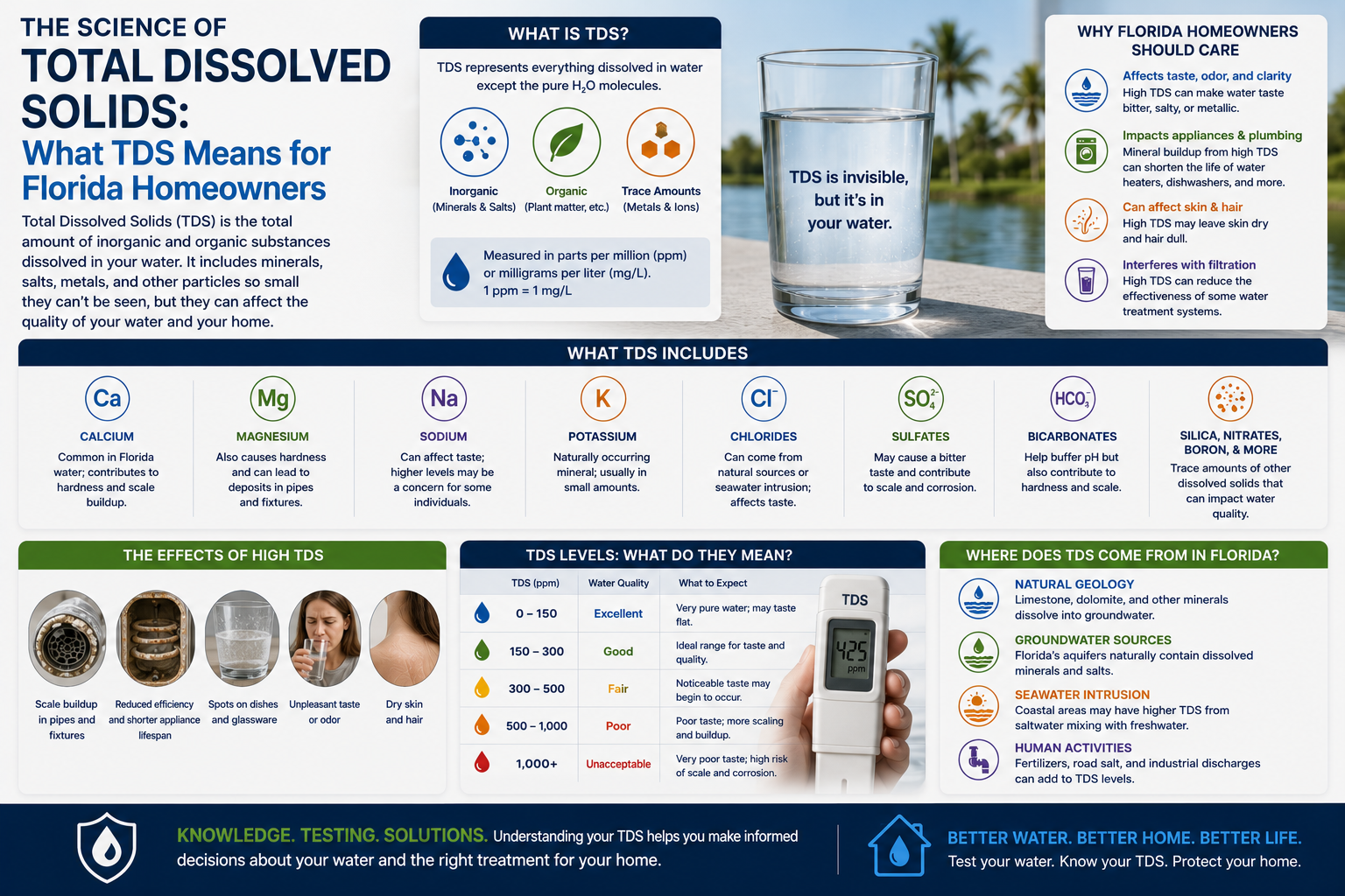 TDS measures everything dissolved in your water but doesn't tell you what it is. Learn what TDS means for Florida homeowners and when it actually matters.