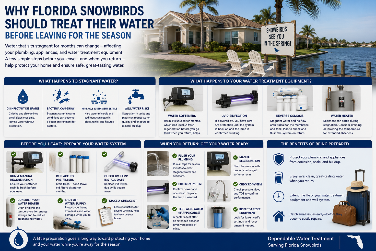 Stagnant water loses disinfectant protection over months of vacancy. Learn what Florida snowbirds should do before leaving and upon return each season