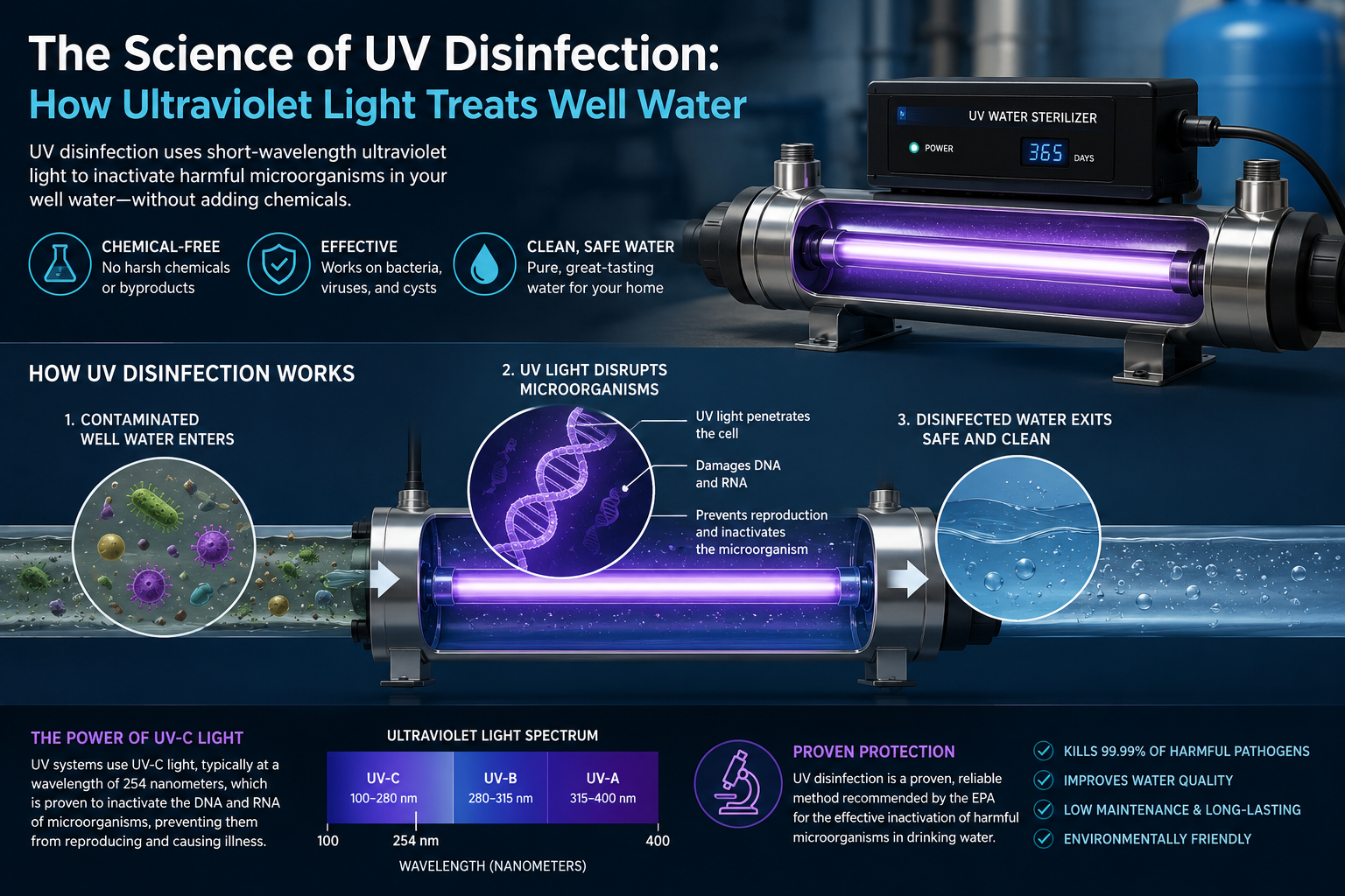 UV disinfection uses ultraviolet light to neutralize bacteria, viruses, and protozoa in well water — chemical free. Learn how it works and where it fits in Florida.