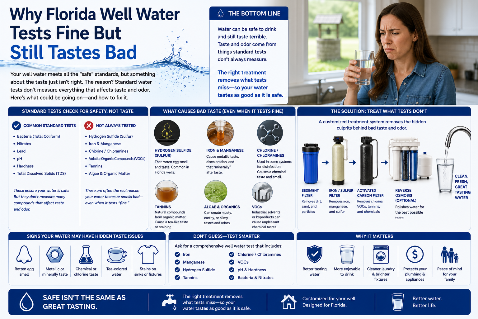 A basic well water safety test doesn't measure taste or odor compounds. Learn why Florida well water can pass testing and still taste bad — and what fixes it.