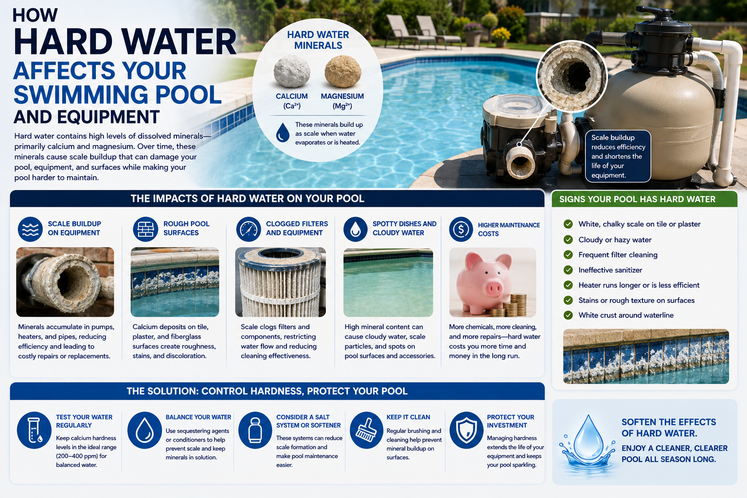 Hard fill water causes calcium scale in pool heaters, pumps, and salt cells. Learn how Florida's hard water affects your pool and how to protect it.