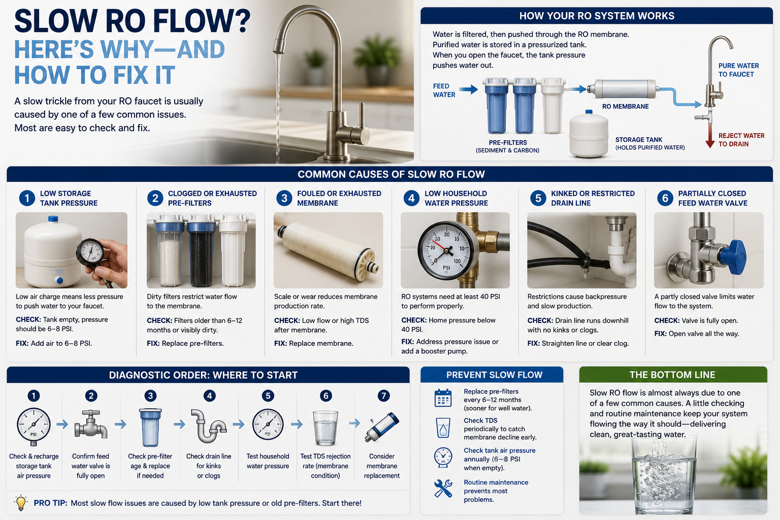 Slow RO flow is usually caused by low tank pressure, old pre-filters, or a fouled membrane. Learn how to diagnose and fix a slow-filling RO system.